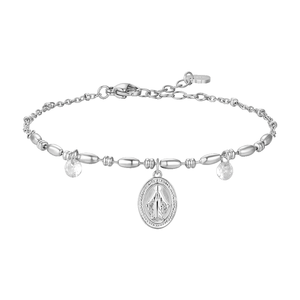 BRACCIALE DONNA IN ACCIAIO CON MADONNINA MIRACOLOSA E ZIRCONI BIANCHI
