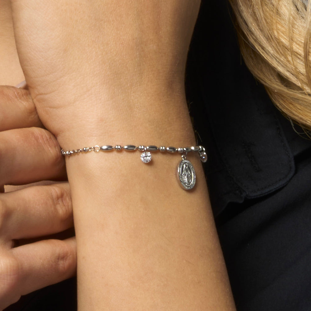 BRACCIALE DONNA IN ACCIAIO CON MADONNINA MIRACOLOSA E ZIRCONI BIANCHI