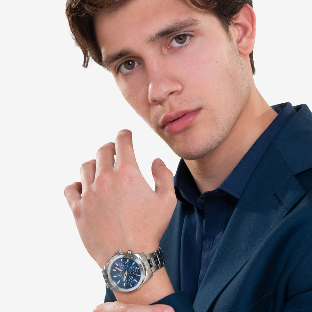 MONTRE EN ACIER POUR HOMMES AVEC CADRAN BLEU ET LUNETTE ARGENTÉE