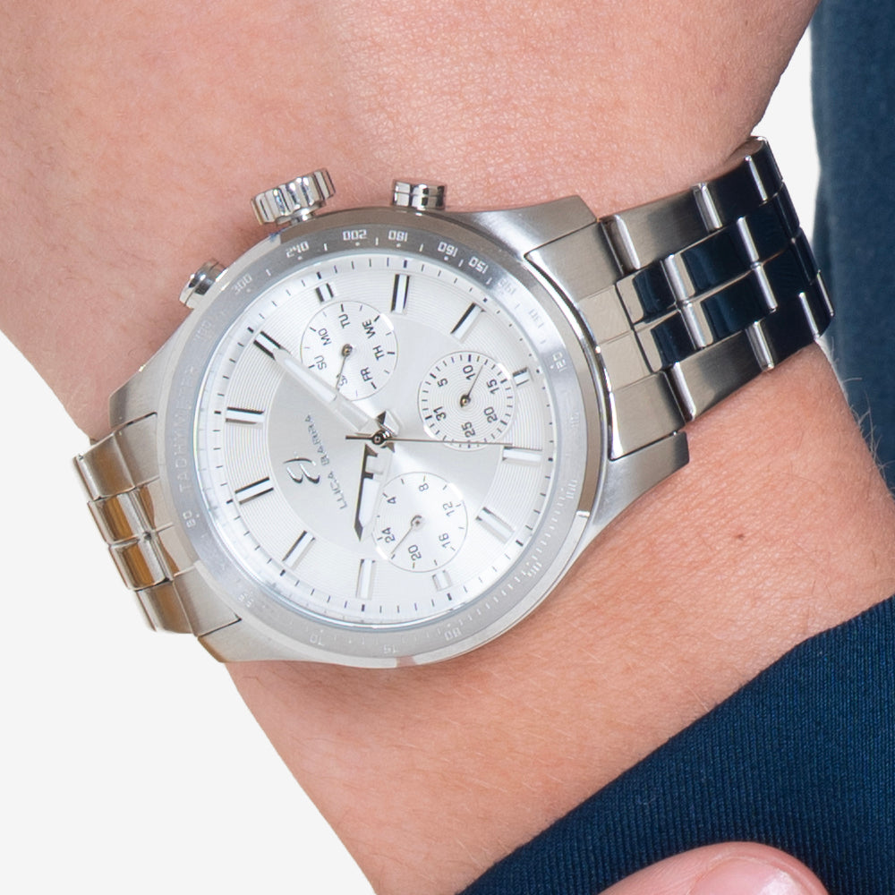 MONTRE EN ACIER POUR HOMMES AVEC CADRAN ET LUNETTE ARGENTÉS