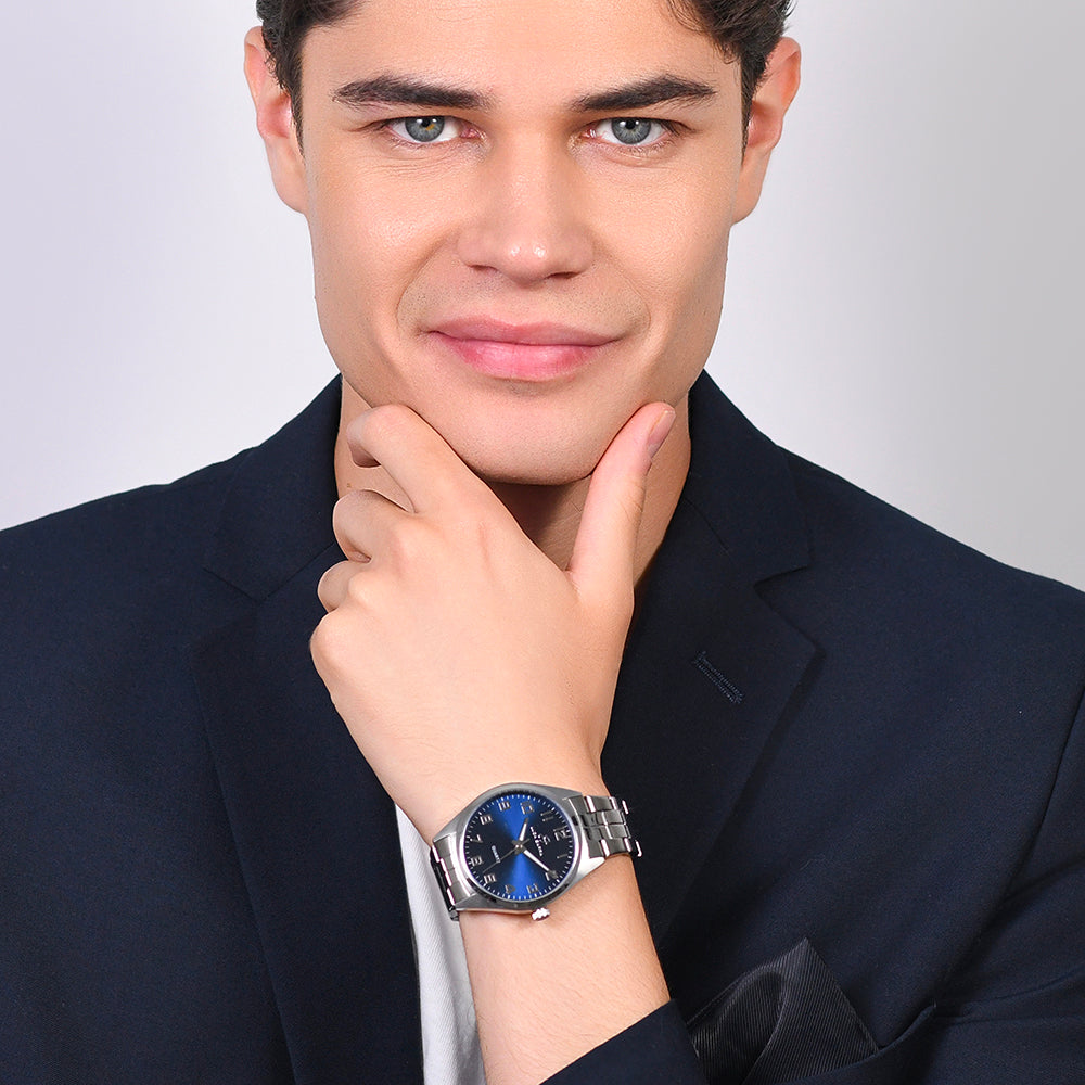 MONTRE HOMME EN ACIER CADRAN BLEU