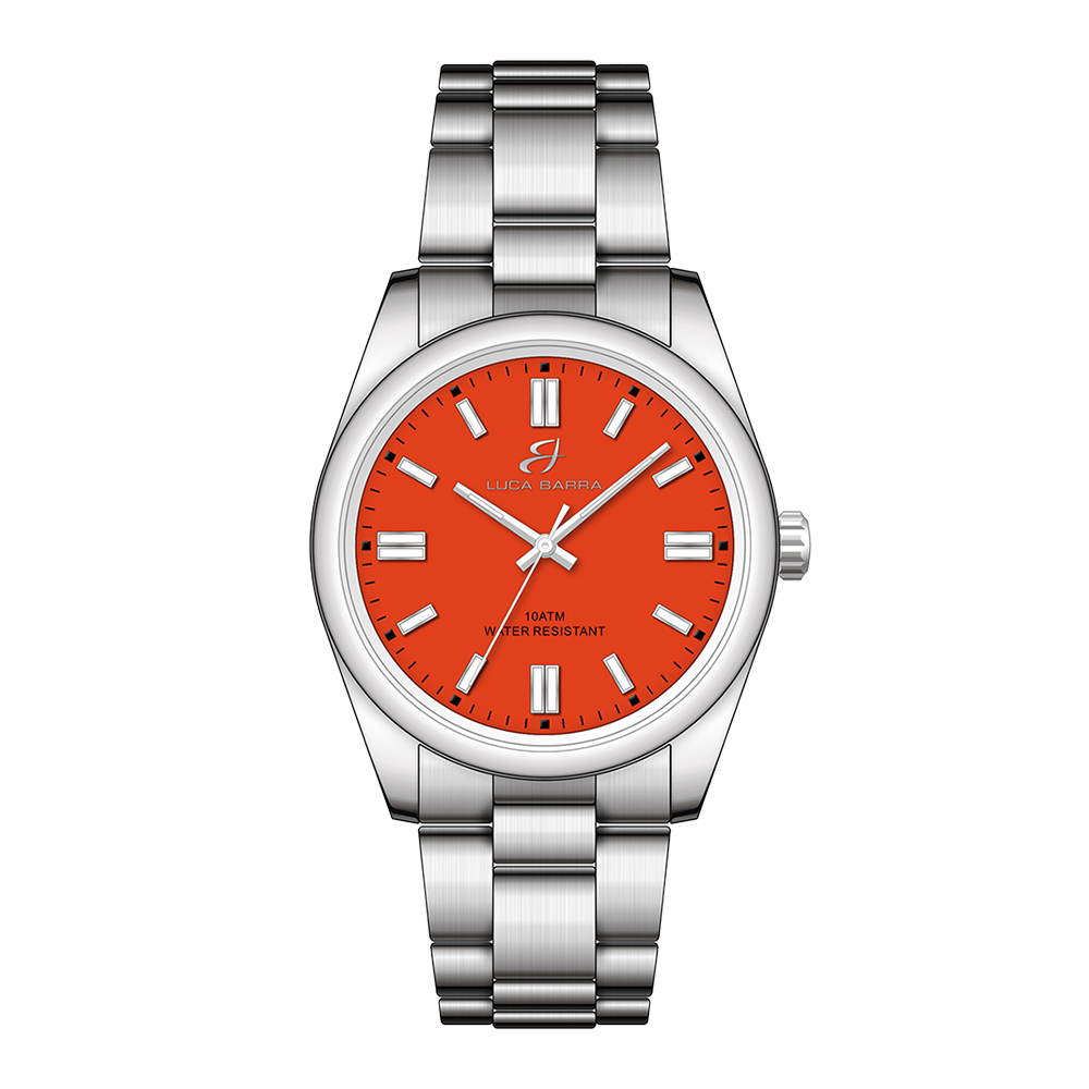 HORLOGE EN ACIER AVEC CADRAN ORANGE Luca Barra