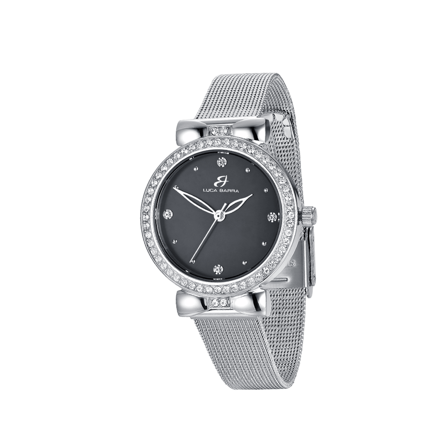 MONTRE POUR DAMES AVEC BOÎTIER EN ACIER CADRAN NOIR LUNETTE EN CRISTAL BLANC