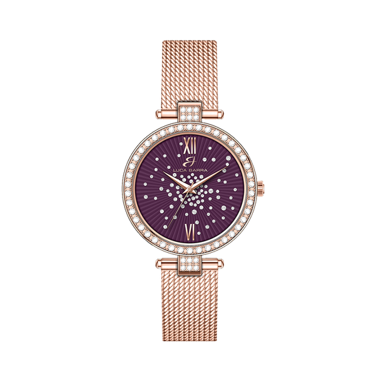 OROLOGIO DONNA IN ACCIAIO IP ROSE QUADRANTE VIOLA GHIERA CON CRISTALLI BIANCHI Luca Barra