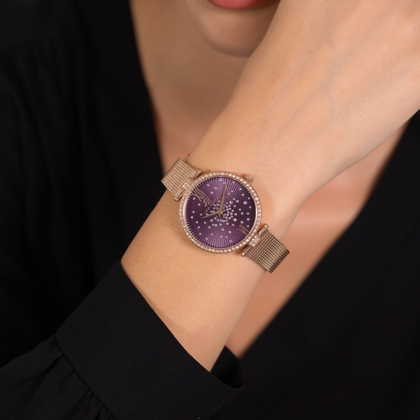 OROLOGIO DONNA IN ACCIAIO IP ROSE QUADRANTE VIOLA GHIERA CON CRISTALLI BIANCHI Luca Barra