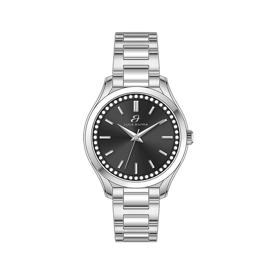 MONTRE FEMME EN ACIER AVEC LUNETTE NOIRE ET CRISTAUX BLANCS