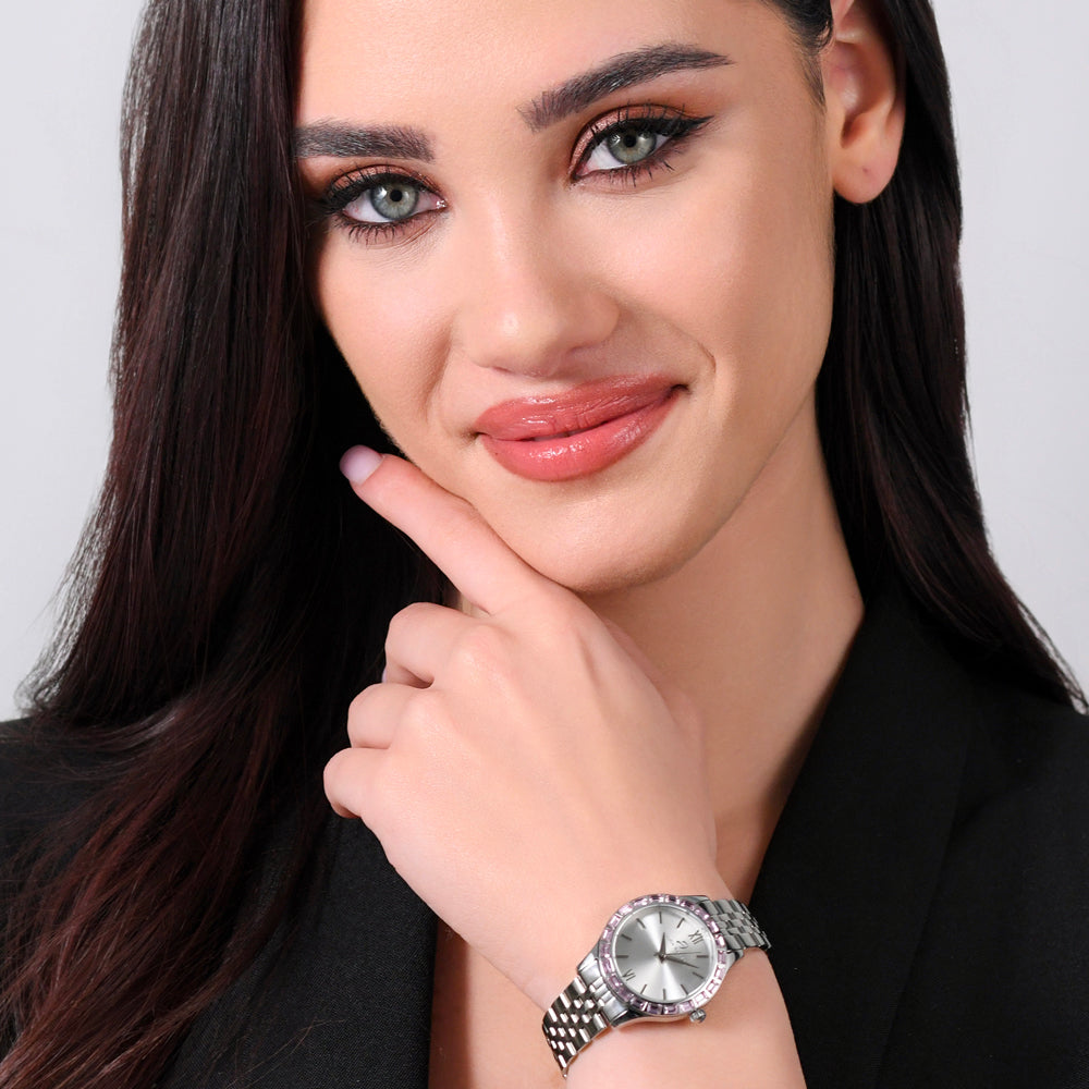 MONTRE FEMME EN ACIER AVEC LUNETTE EN CRISTAL ROSE