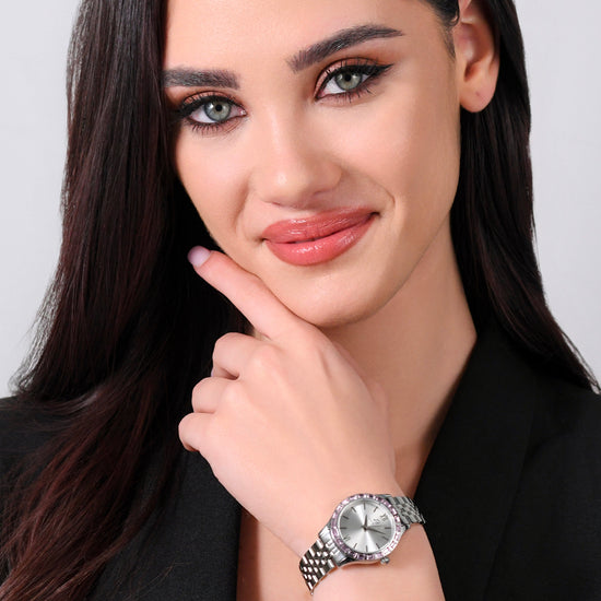 MONTRE FEMME EN ACIER AVEC LUNETTE EN CRISTAL ROSE