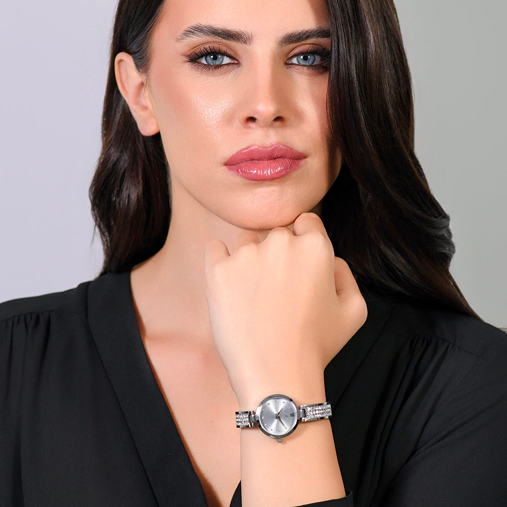 MONTRE FEMME EN ACIER CRISTAL AVEC CADRAN GRIS