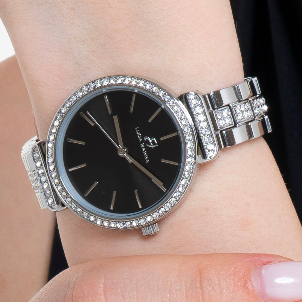 MONTRE FEMME EN ACIER CRISTAL AVEC LUNETTE ET CADRAN NOIRS