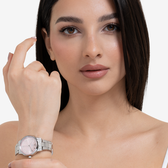 MONTRE EN ACIER POUR FEMMES AVEC CADRAN ROSE
