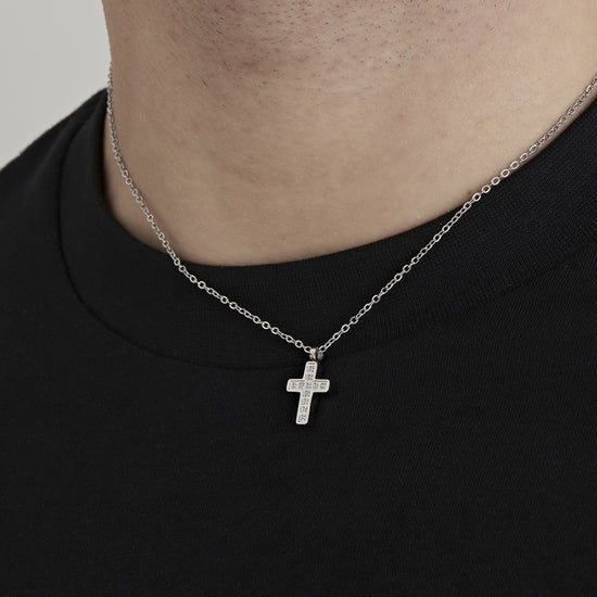 COLLIER EN ACIER POUR HOMME AVEC CROIX ET CRISTAUX BLANCS Luca Barra