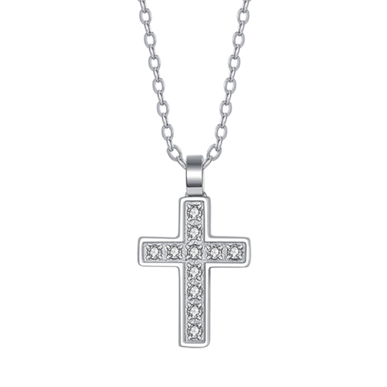 COLLIER EN ACIER POUR HOMMES AVEC CROIX ET CRISTAUX BLANCS