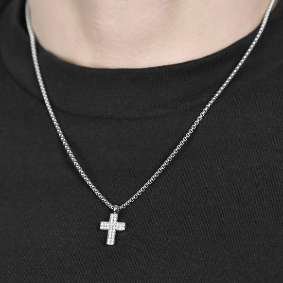 COLLIER EN ACIER POUR HOMME AVEC CROIX AVEC CRISTAUX BLANCS Luca Barra