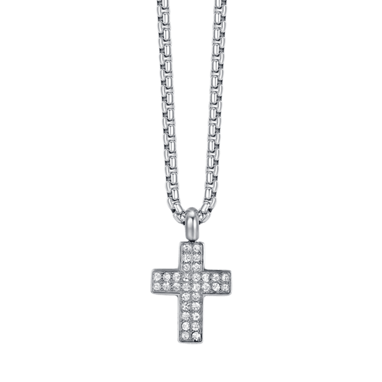 COLLIER HOMME CROIX EN ACIER AVEC CRISTAUX BLANCS