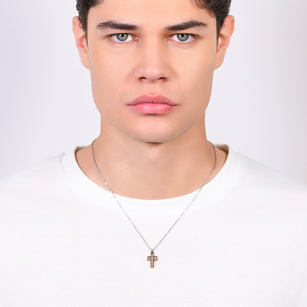 COLLIER HOMME CROIX EN ACIER ET IP EN OR ROSE