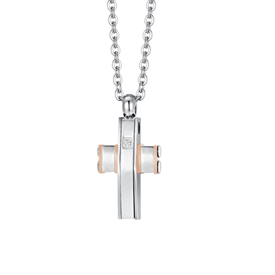 COLLIER HOMME CROIX EN ACIER ET IP EN OR ROSE