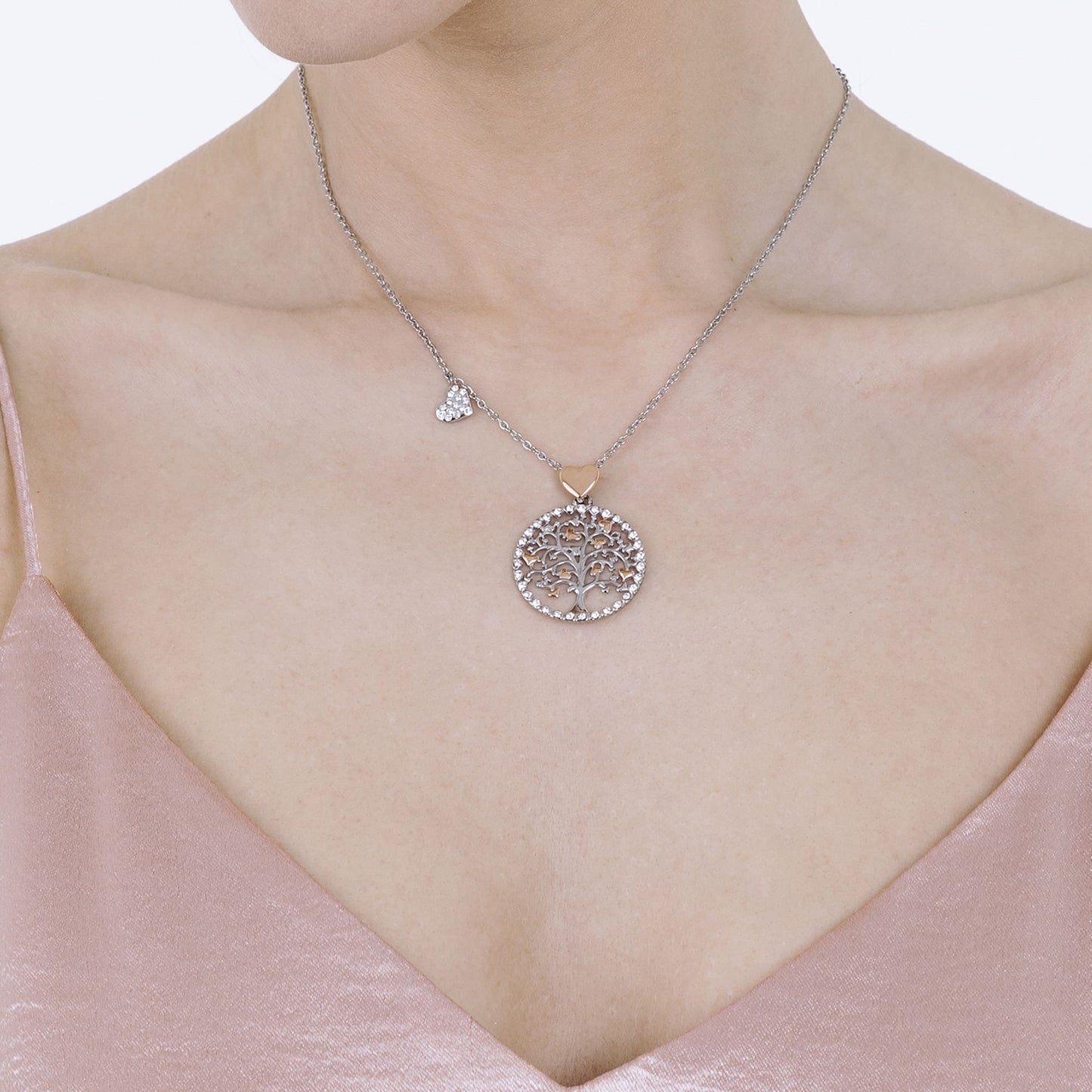 COLLIER POUR FEMME EN ACIER, ALBERO DELLA VITA AVEC DES CŒURS DE ROSE' Luca Barra