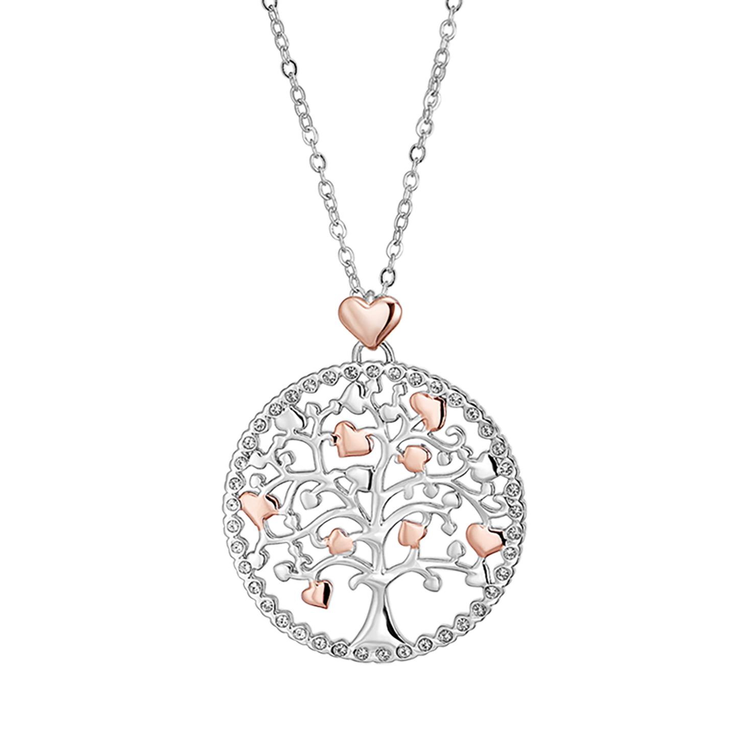 COLLIER POUR FEMME EN ACIER, ARBRE DE VIE AVEC CŒURS DE ROSE