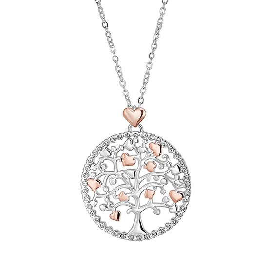 COLLIER POUR FEMME EN ACIER, ARBRE DE VIE AVEC CŒURS DE ROSE