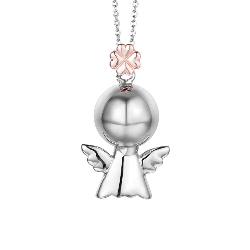 COLLIER D'APPEL À L'ANGE EN ACIER, ANGE EN MÉTAL AVEC TRÈFLE À QUATRE FEUILLES ROSE