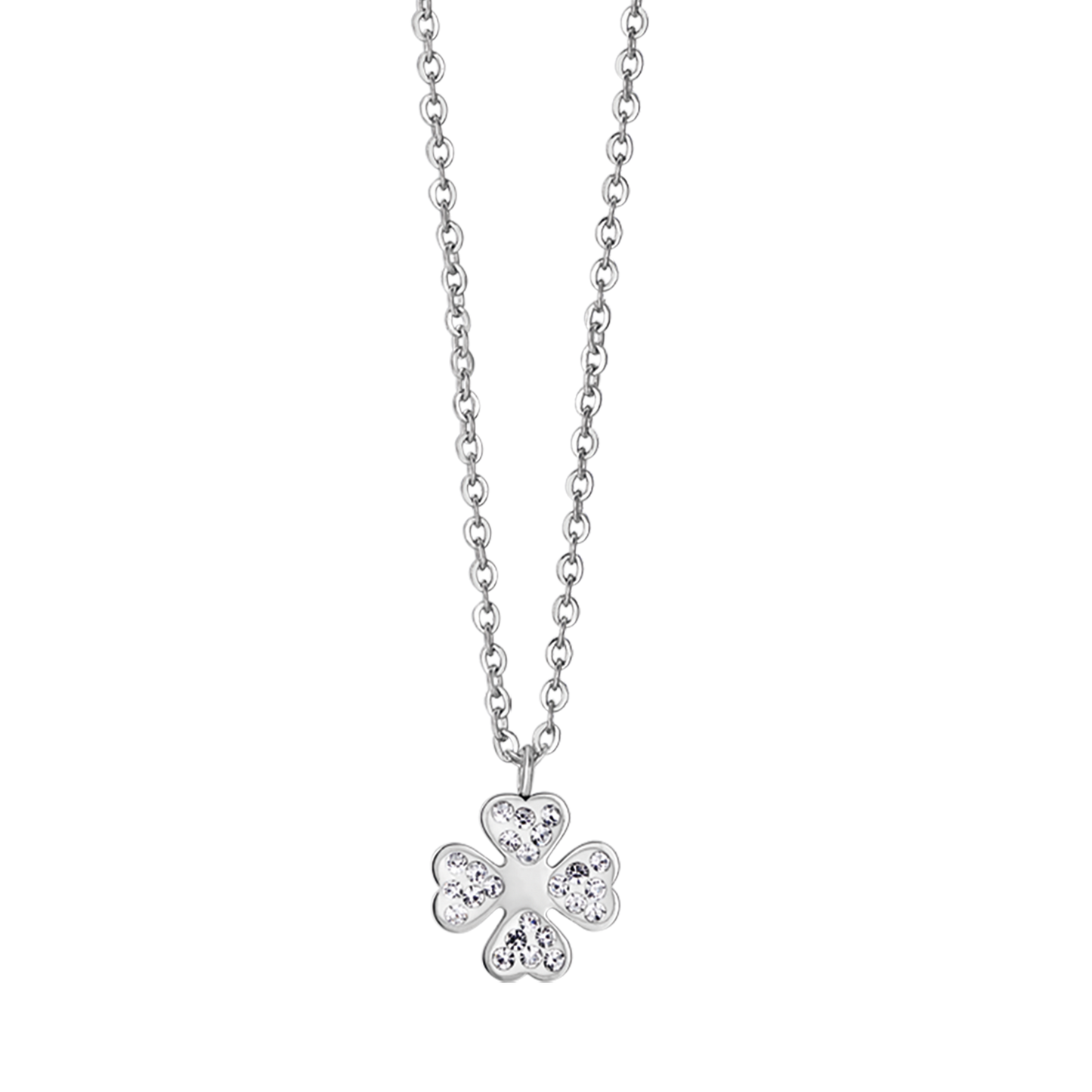 COLLIER EN ACIER POUR FEMMES AVEC TRÈFLE À QUATRE FEUILLES ET CRISTAUX BLANCS