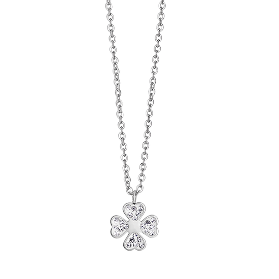 COLLIER EN ACIER POUR FEMMES AVEC TRÈFLE À QUATRE FEUILLES ET CRISTAUX BLANCS