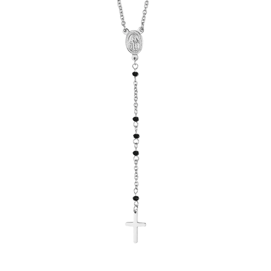 COLLIER DE ROSAIRE EN ACIER POUR FEMME AVEC CRISTAUX NOIRS AVEC PENDENTIF