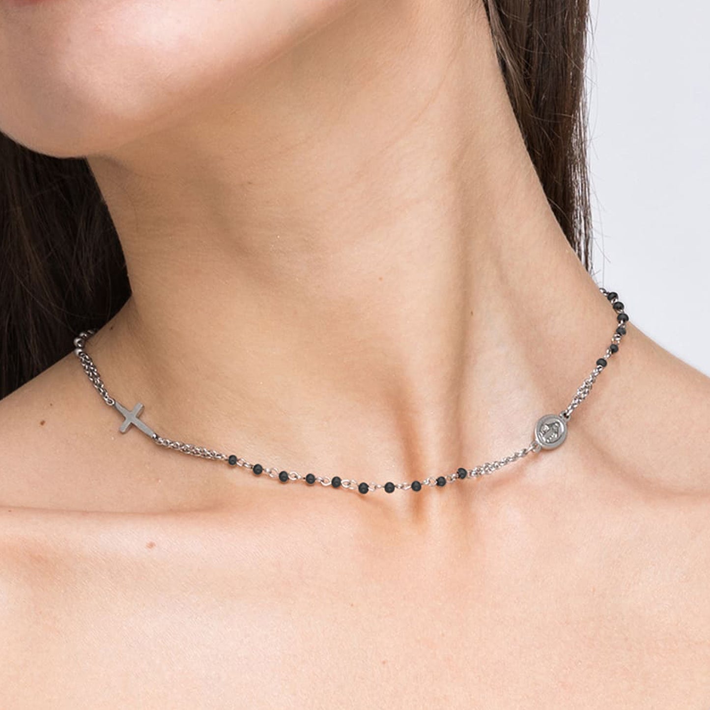 COLLIER ROSAIRE POUR FEMME EN ACIER AVEC CRYSTAUX NOIRS Luca Barra