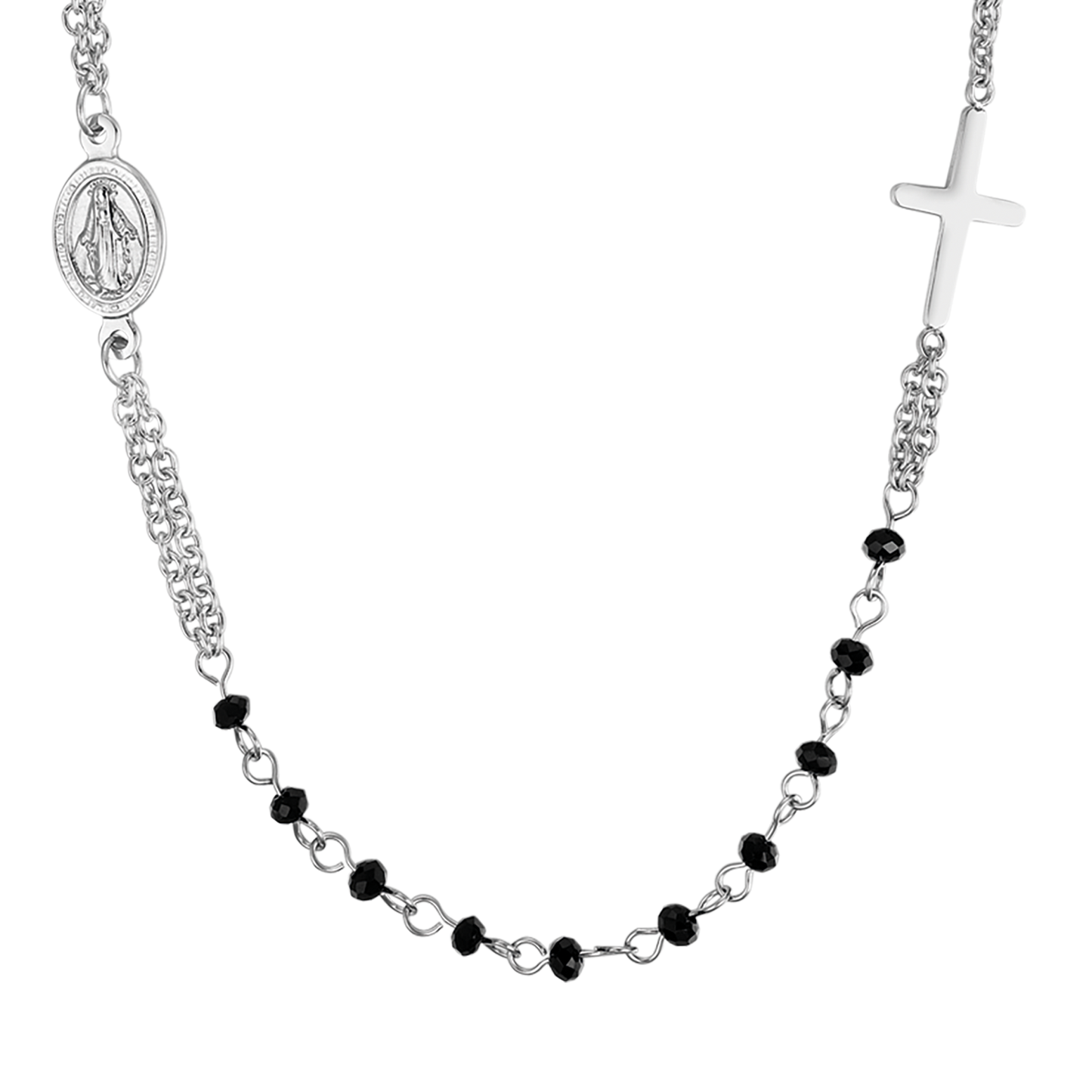 COLLIER DE CHAPELET EN ACIER POUR FEMMES AVEC CRISTAUX NOIRS