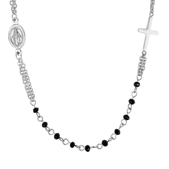 COLLIER DE CHAPELET EN ACIER POUR FEMMES AVEC CRISTAUX NOIRS