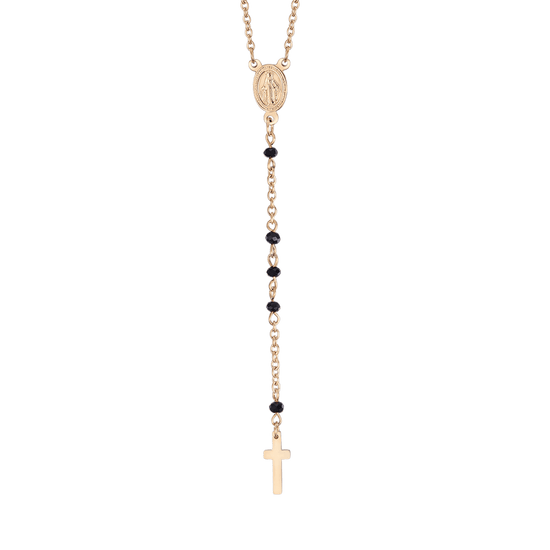 COLLIER DE ROSAIRE EN ACIER POUR FEMME AVEC CRISTAUX NOIRS AVEC PENDENTIF