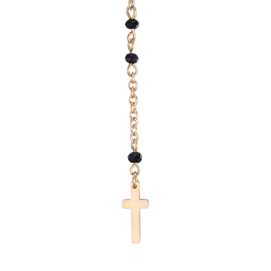 COLLIER DE ROSAIRE EN ACIER POUR FEMME AVEC CRISTAUX NOIRS AVEC PENDENTIF