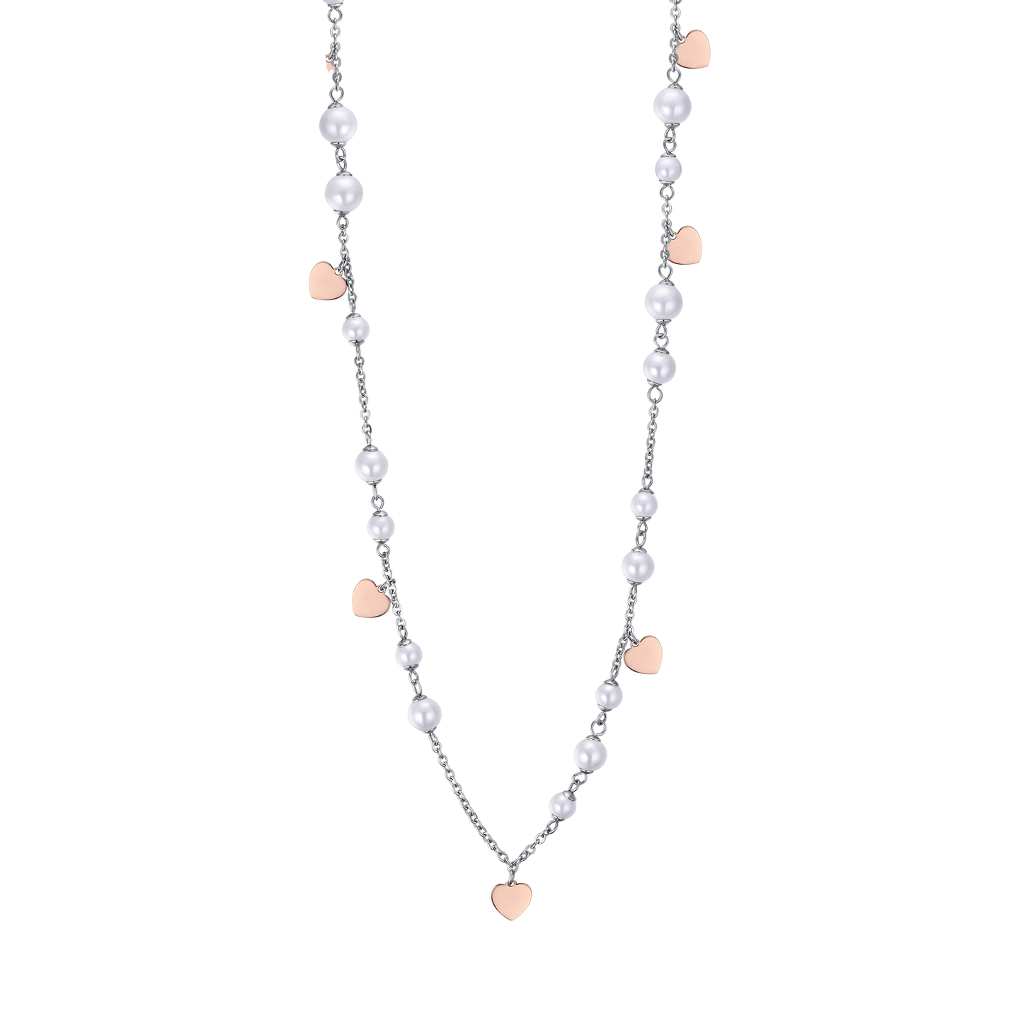 COLLIER EN ACIER AVEC PERLES BLANCHES ET CŒURS DE ROSE IP Luca Barra