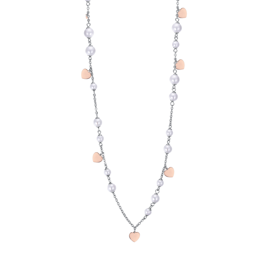 COLLIER EN ACIER AVEC PERLES BLANCHES ET CŒURS DE ROSE IP Luca Barra