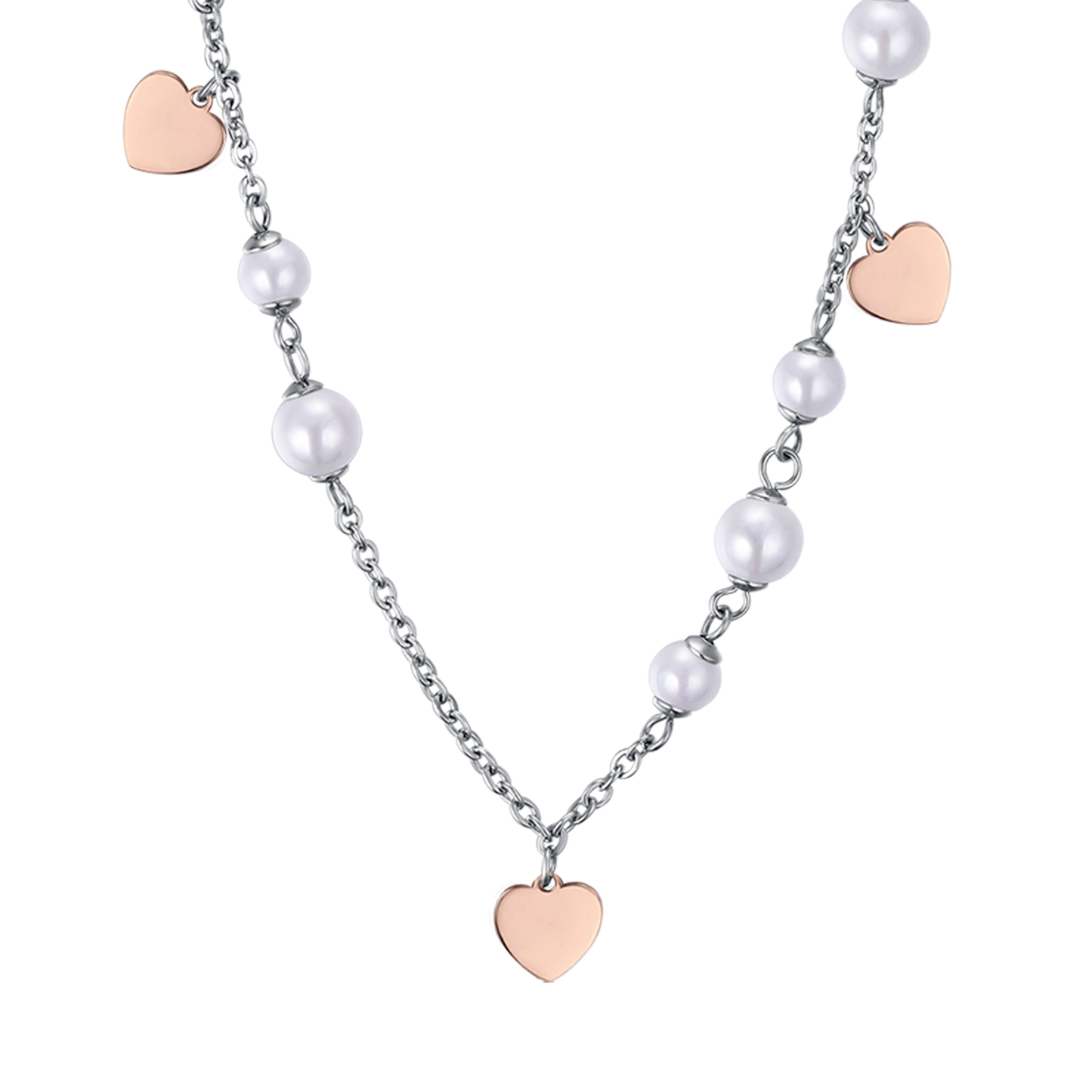 COLLIER EN ACIER AVEC PERLES BLANCHES ET CŒURS DE ROSE IP Luca Barra