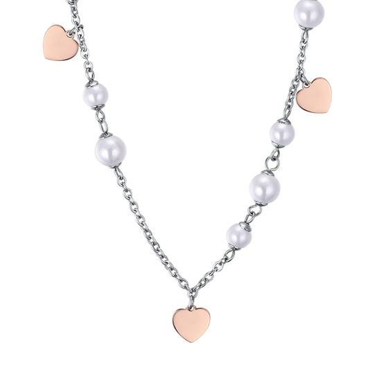 COLLIER EN ACIER AVEC PERLES BLANCHES ET CŒURS DE ROSE IP Luca Barra