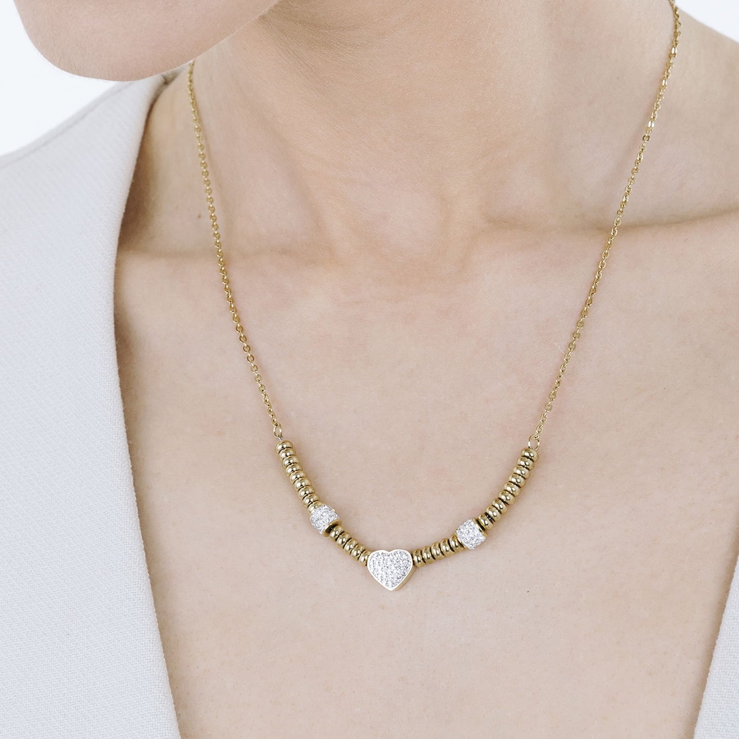 COLLIER EN ACIER D'OR IP AVEC COEUR AVEC CRISTAUX BLANCS Luca Barra