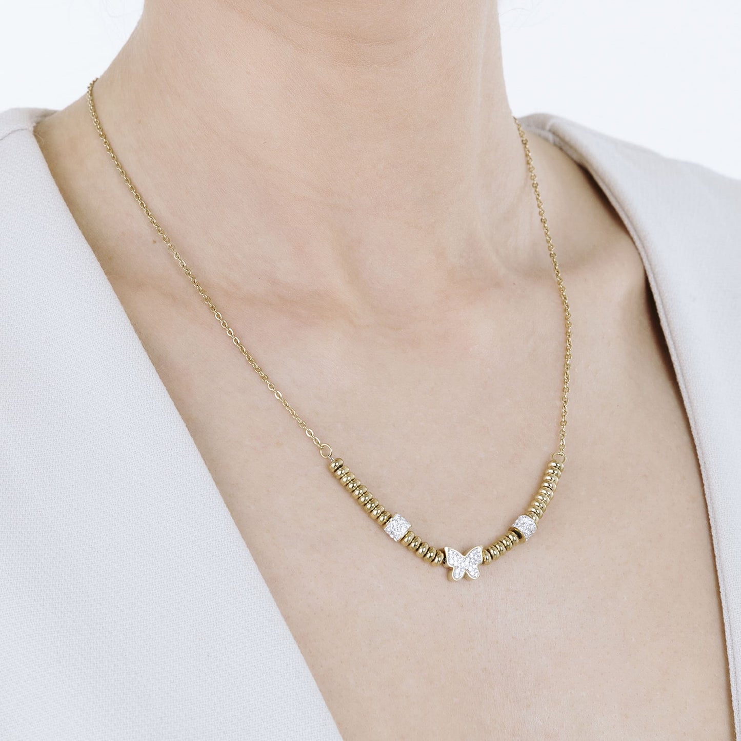 COLLIER EN ACIER D'OR IP AVEC PAPILLON AVEC CRISTAUX BLANCS Luca Barra