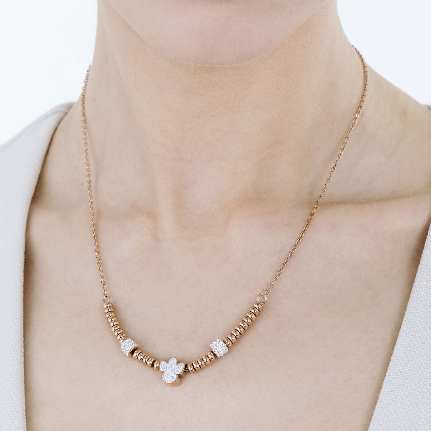 COLLIER EN ACIER IP ROSE AVEC ANGE AVEC CRISTAUX BLANCS Luca Barra