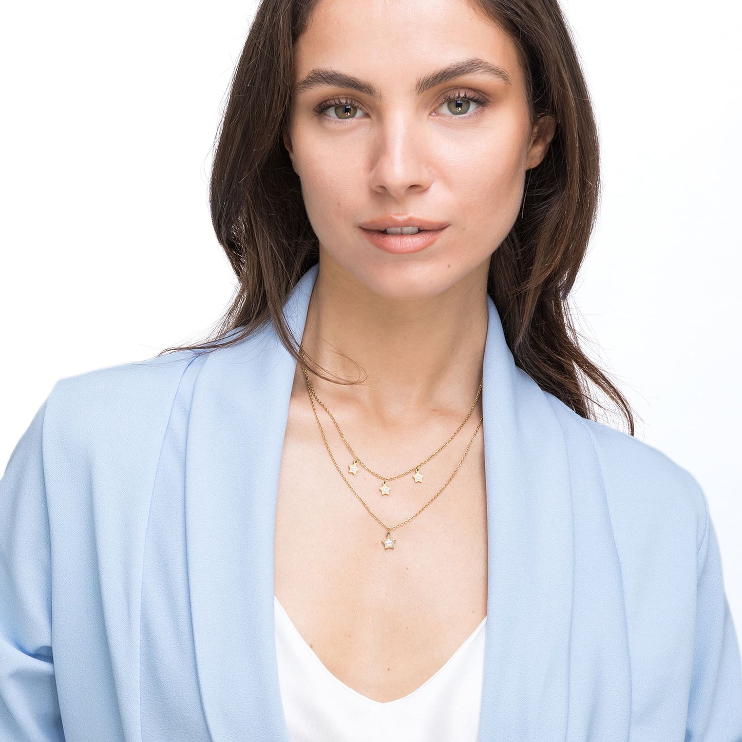 COLLIER EN ACIER DORÉ POUR FEMMES AVEC ÉTOILES ET CRISTAUX BLANCS