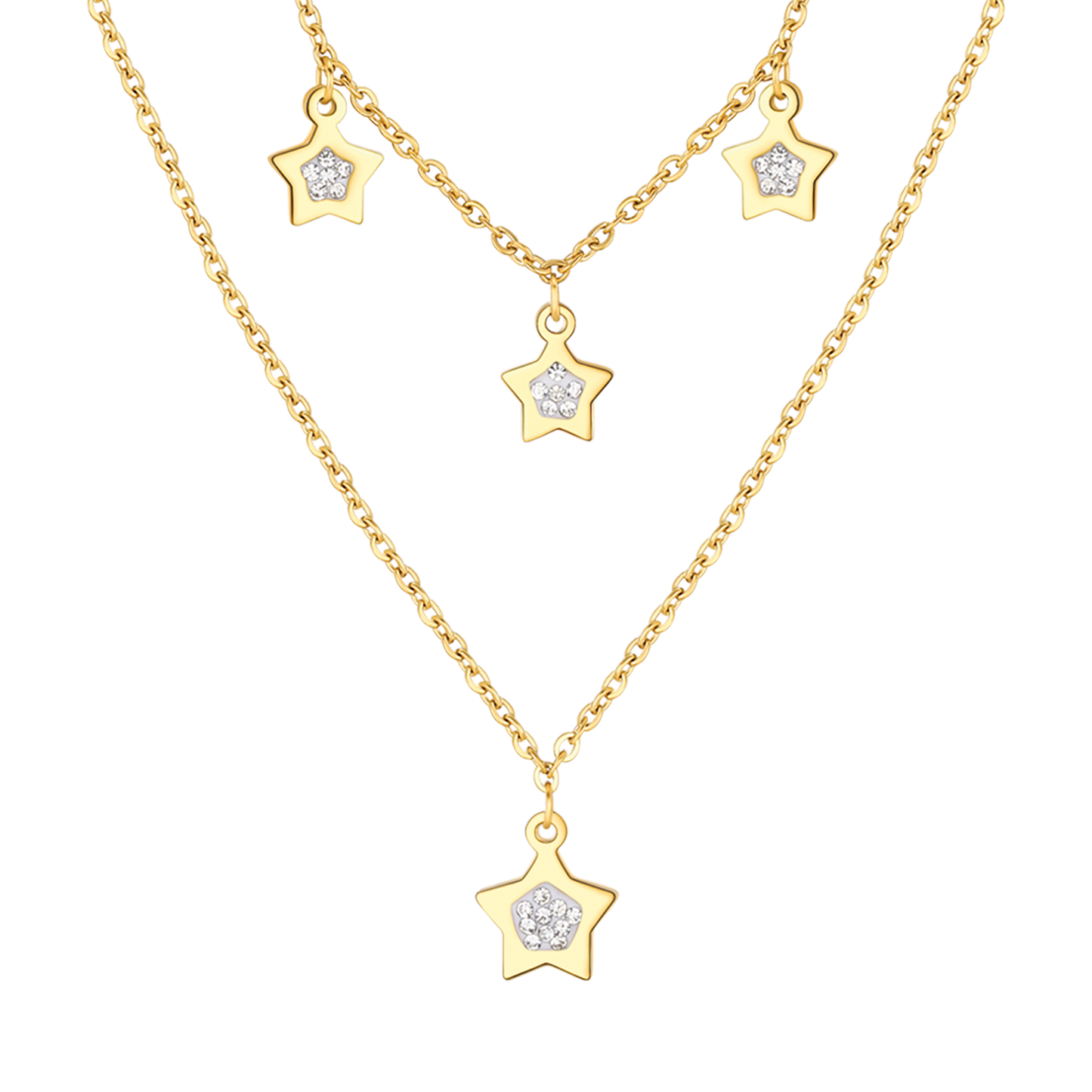 COLLIER EN ACIER DORÉ POUR FEMMES AVEC ÉTOILES ET CRISTAUX BLANCS