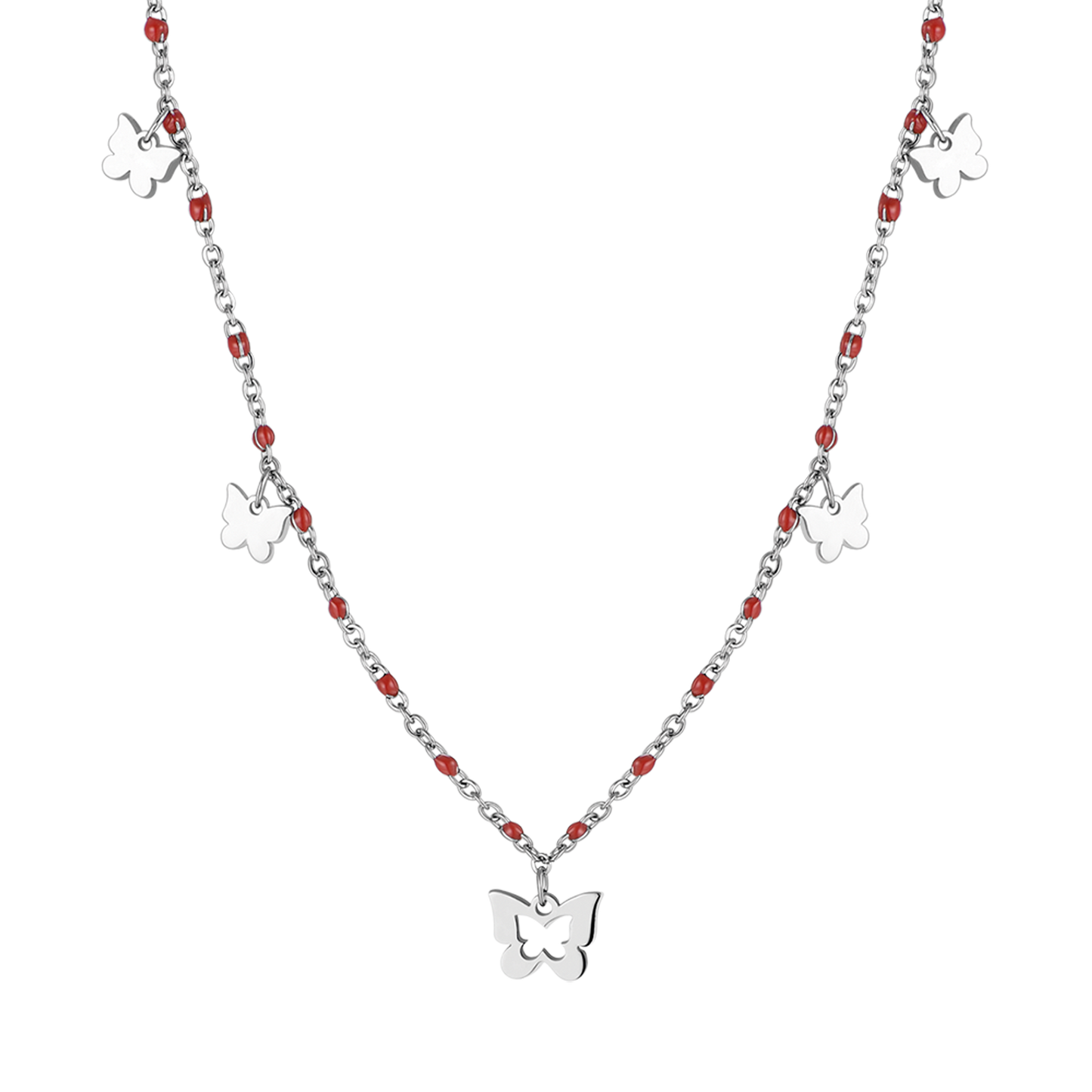 COLLIER EN ACIER AVEC PAPILLONS ET PIERRES ROUGES