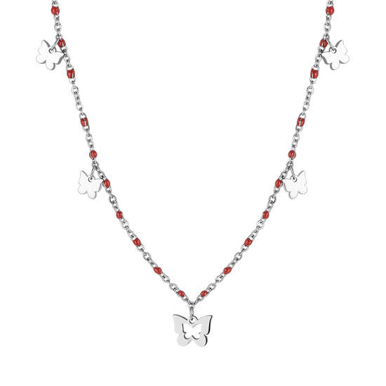 COLLIER EN ACIER AVEC PAPILLONS ET PIERRES ROUGES