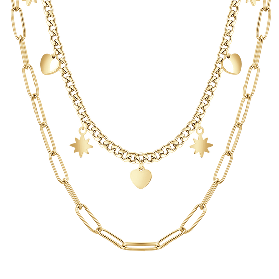COLLIER MULTIBRINS EN ACIER ET OR AVEC ÉTOILES ET CŒURS