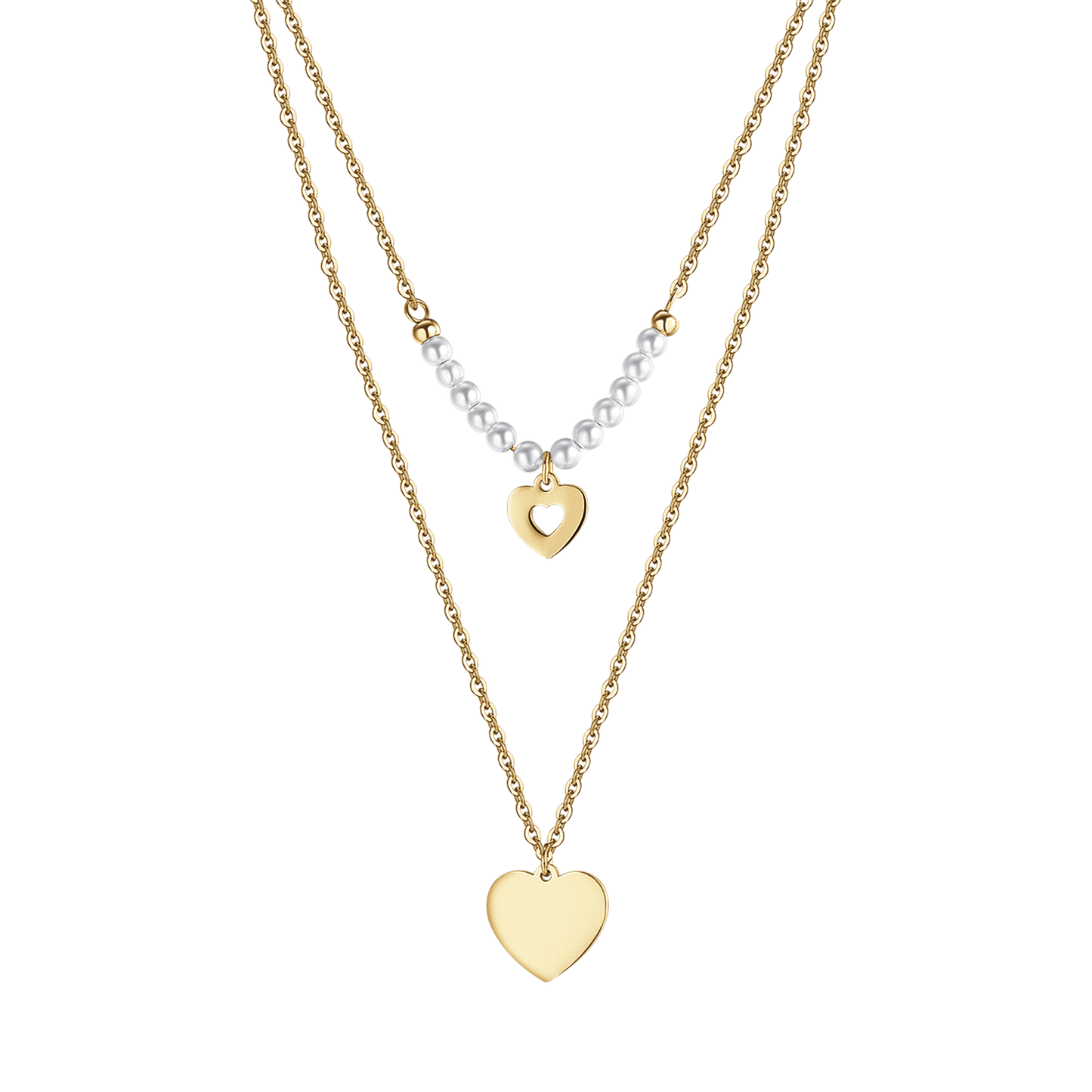 COLLIER FEMME EN ACIER DORÉ IP AVEC CŒURS ET PERLES BLANCHES