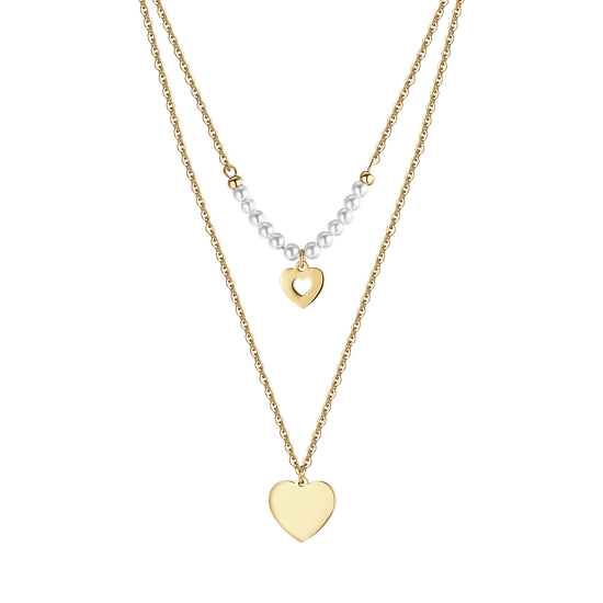 COLLIER FEMME EN ACIER DORÉ IP AVEC CŒURS ET PERLES BLANCHES