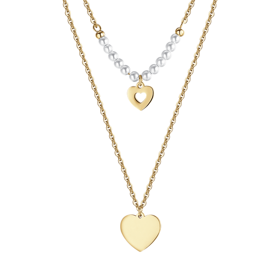 COLLIER FEMME EN ACIER DORÉ IP AVEC CŒURS ET PERLES BLANCHES