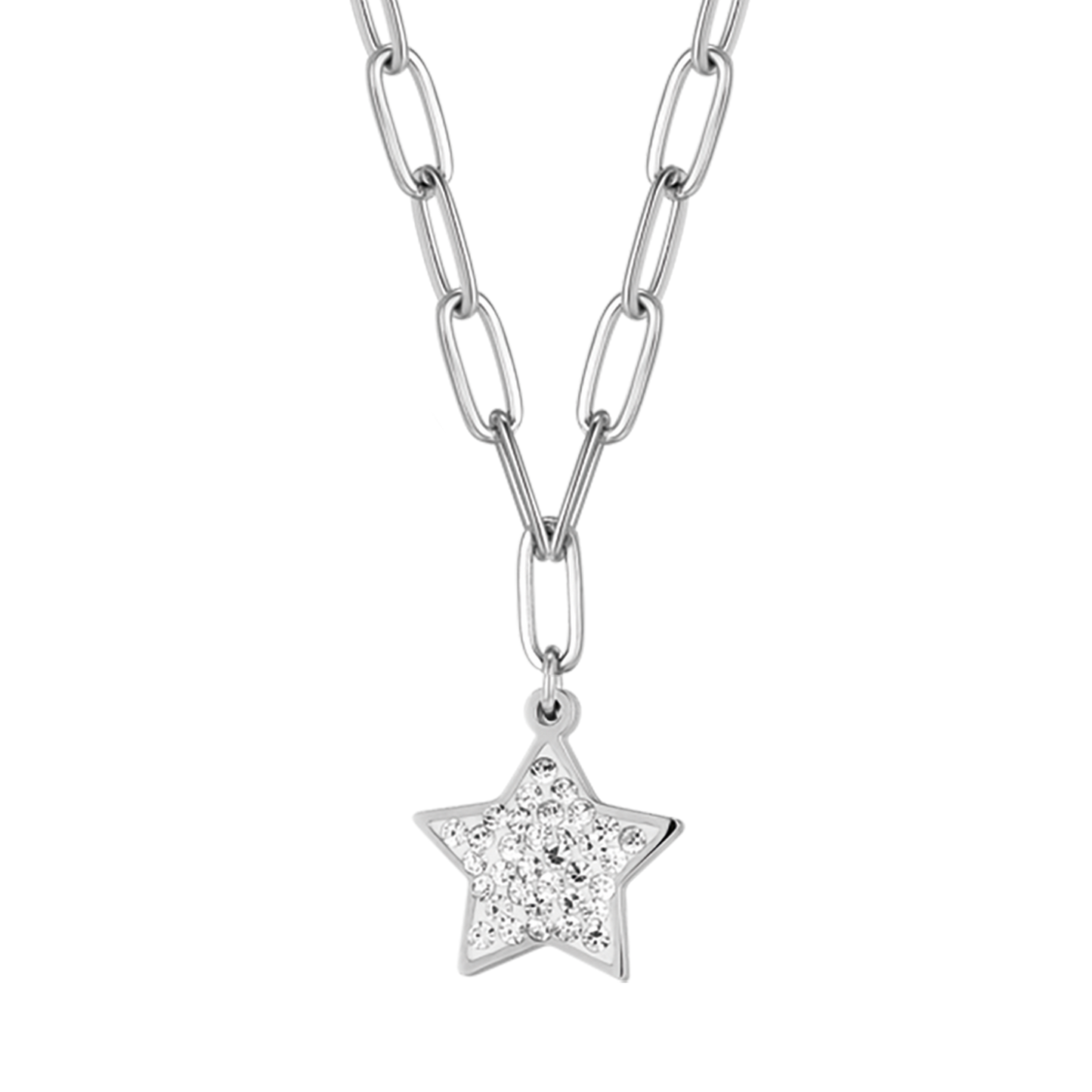 COLLIER POUR FEMME EN ACIER AVEC ÉTOILE ET CRISTAUX BLANCS ET CHAÎNE À MAILLONS
