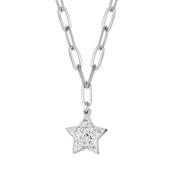COLLIER POUR FEMME EN ACIER AVEC ÉTOILE ET CRISTAUX BLANCS ET CHAÎNE À MAILLONS